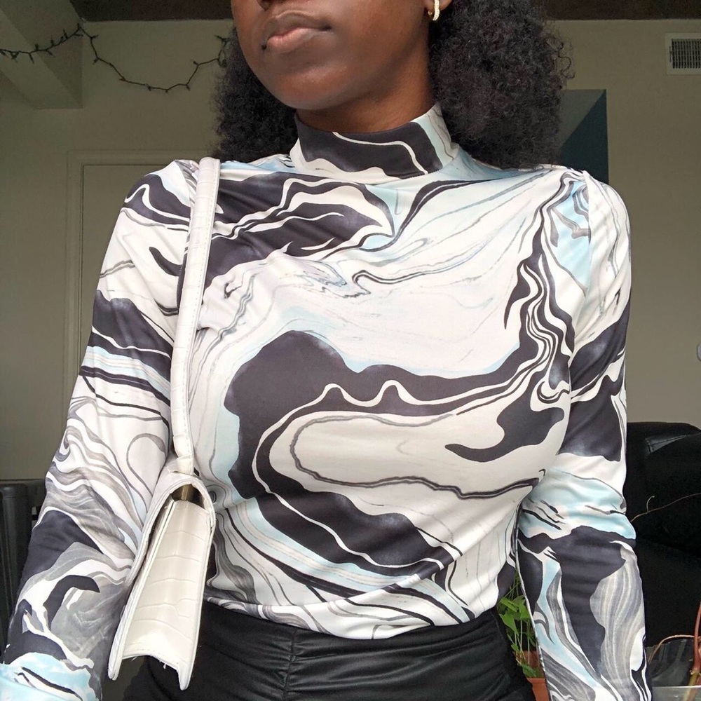 ♡ marble print mock neck top ♡